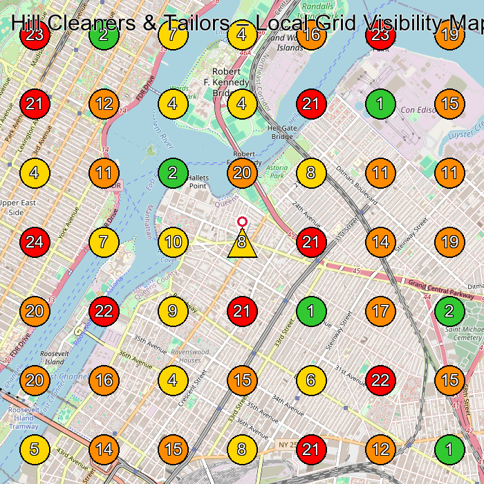 Hill Cleaners & Tailors Dry Cleaner GeoGrid ranking map for Queens NY